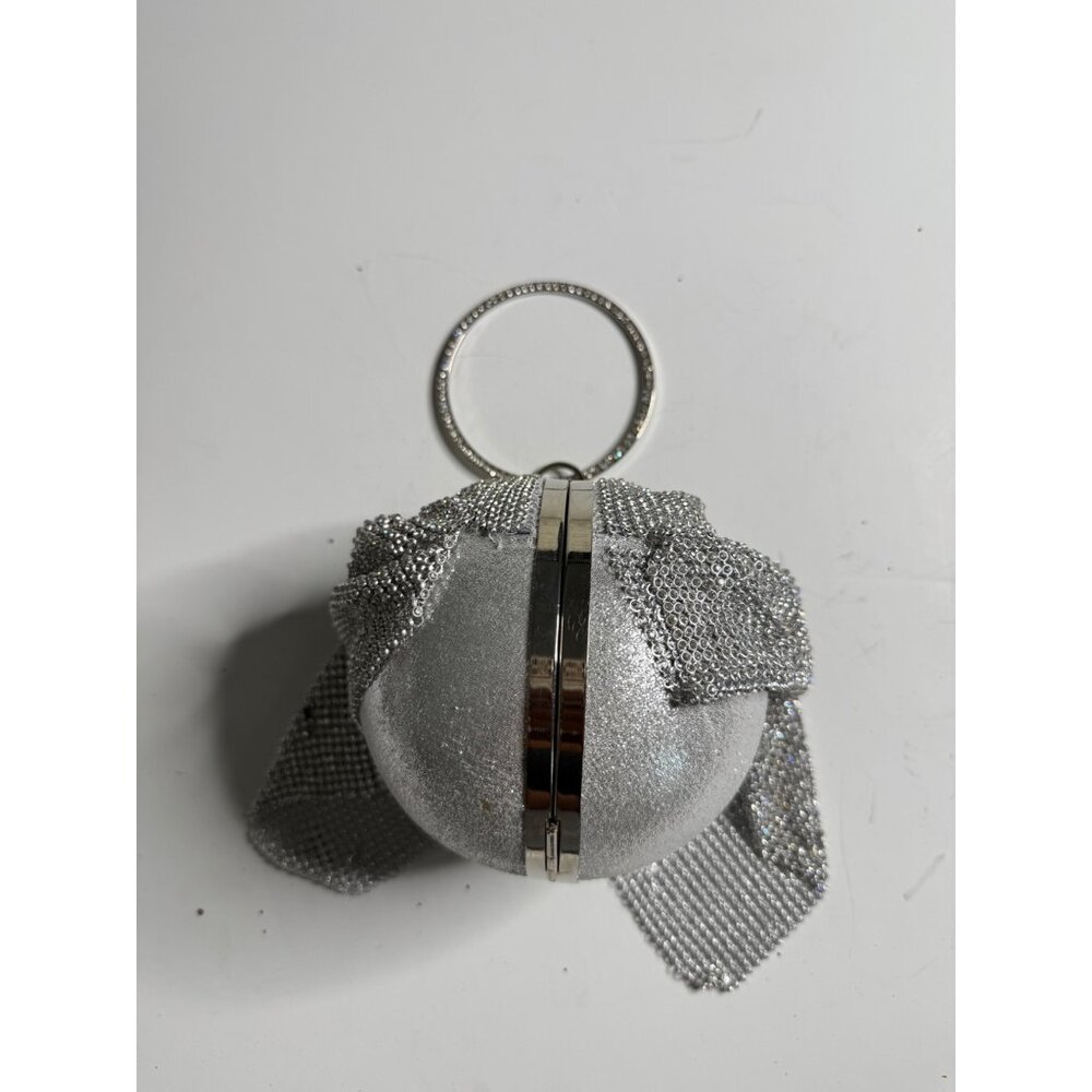 Silver Rhinestone Ball Evening Bag With Chain Strap & Crystal-Encrusted Handle